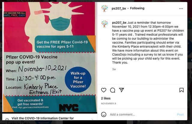 An Instagram post advertising a vaccine clinic at P.S. 207
